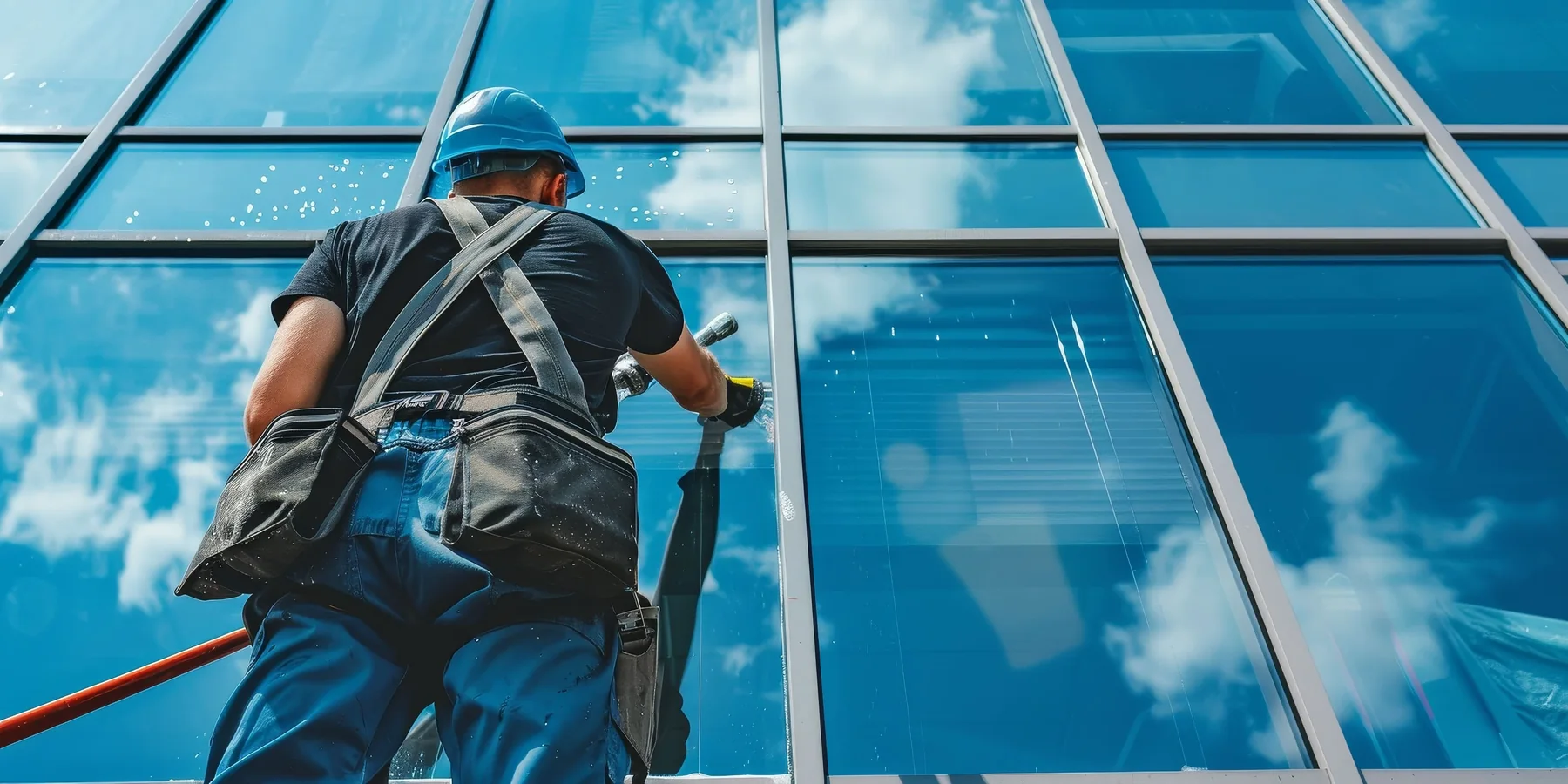 Fensterreinigung an der Glasfassade mit Sicherungsgurt