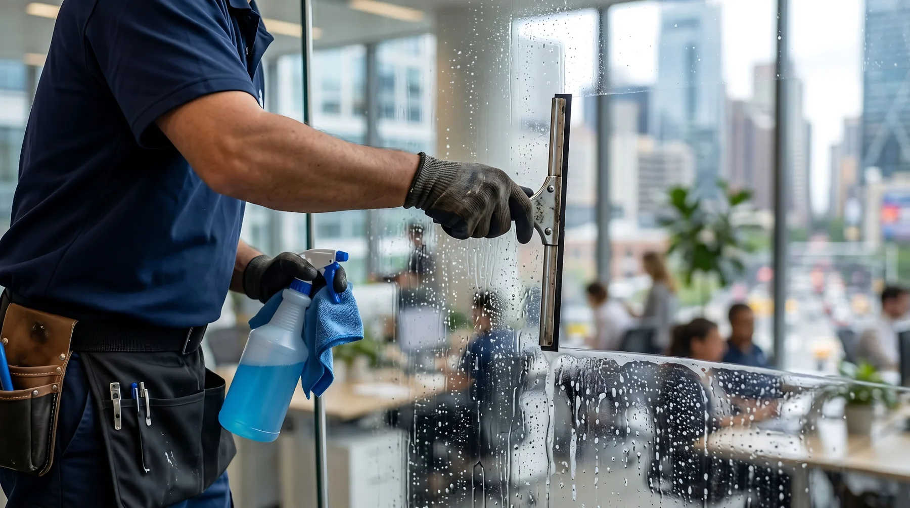 Glasreinigung im Büro mit Abzieher